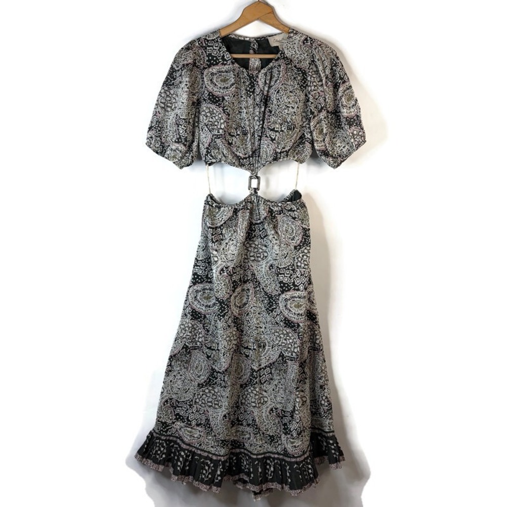 Cleobella Cutout Midi Dress Women Size M Black Paisley Puff Sleeve Ruffle Boho